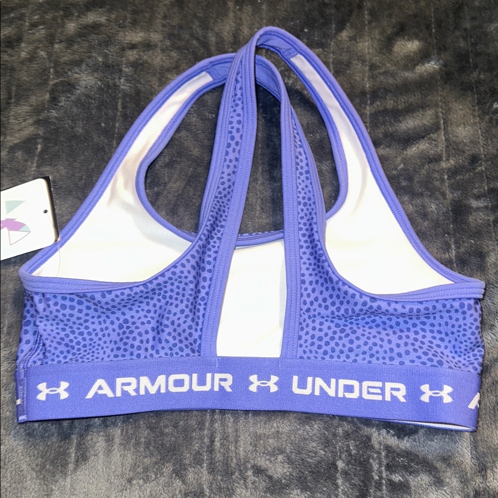 NWT Under Armour Girls Printed Purple Cross Back Sports Bra (M) - Picture 3 of 7